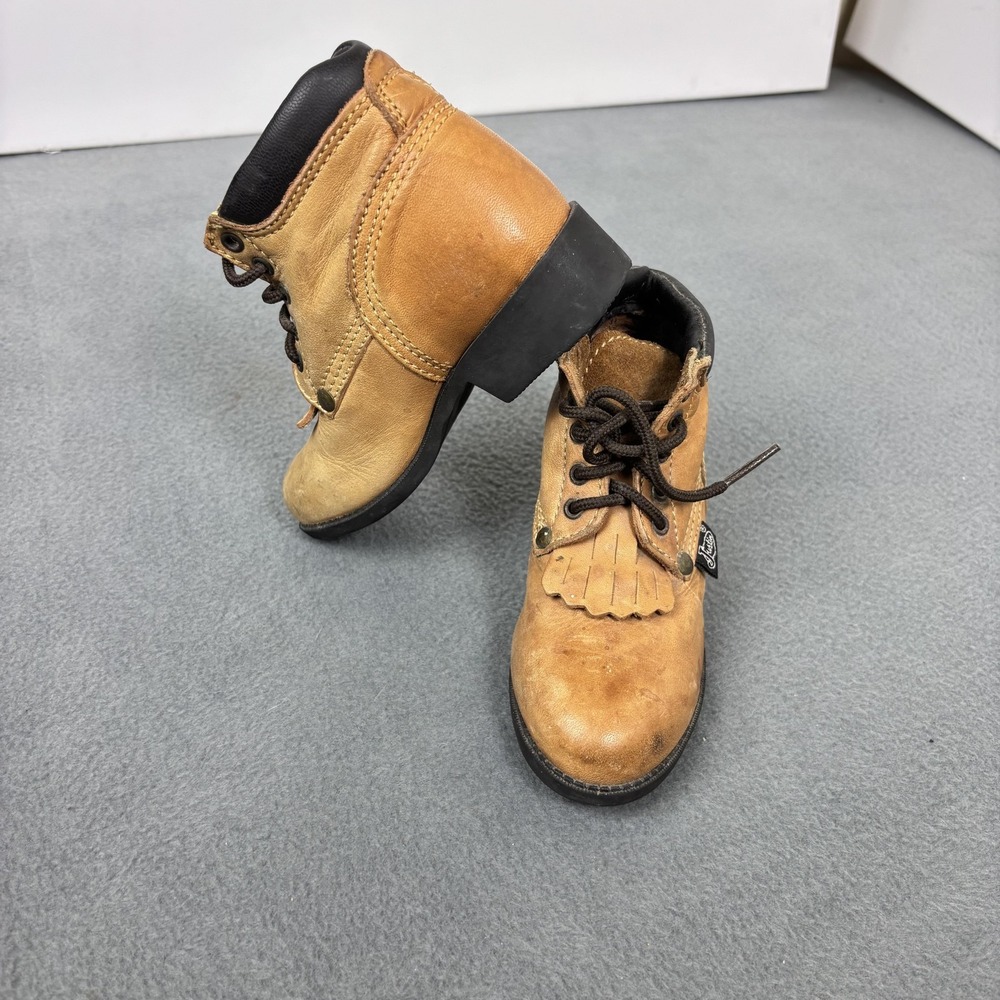 Justin Junior Boots Shoes Youth Size 7D Tan Brown Leather Western Lace Up Mexico